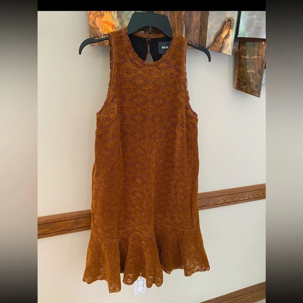 Maeve Amis Anthropologie Copper brown Velvet eyelet lace Ruffle Shift mini Dress